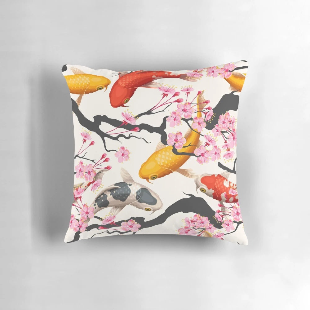 Beautiful koi carp and sakura flower design on a decorative throw pillow