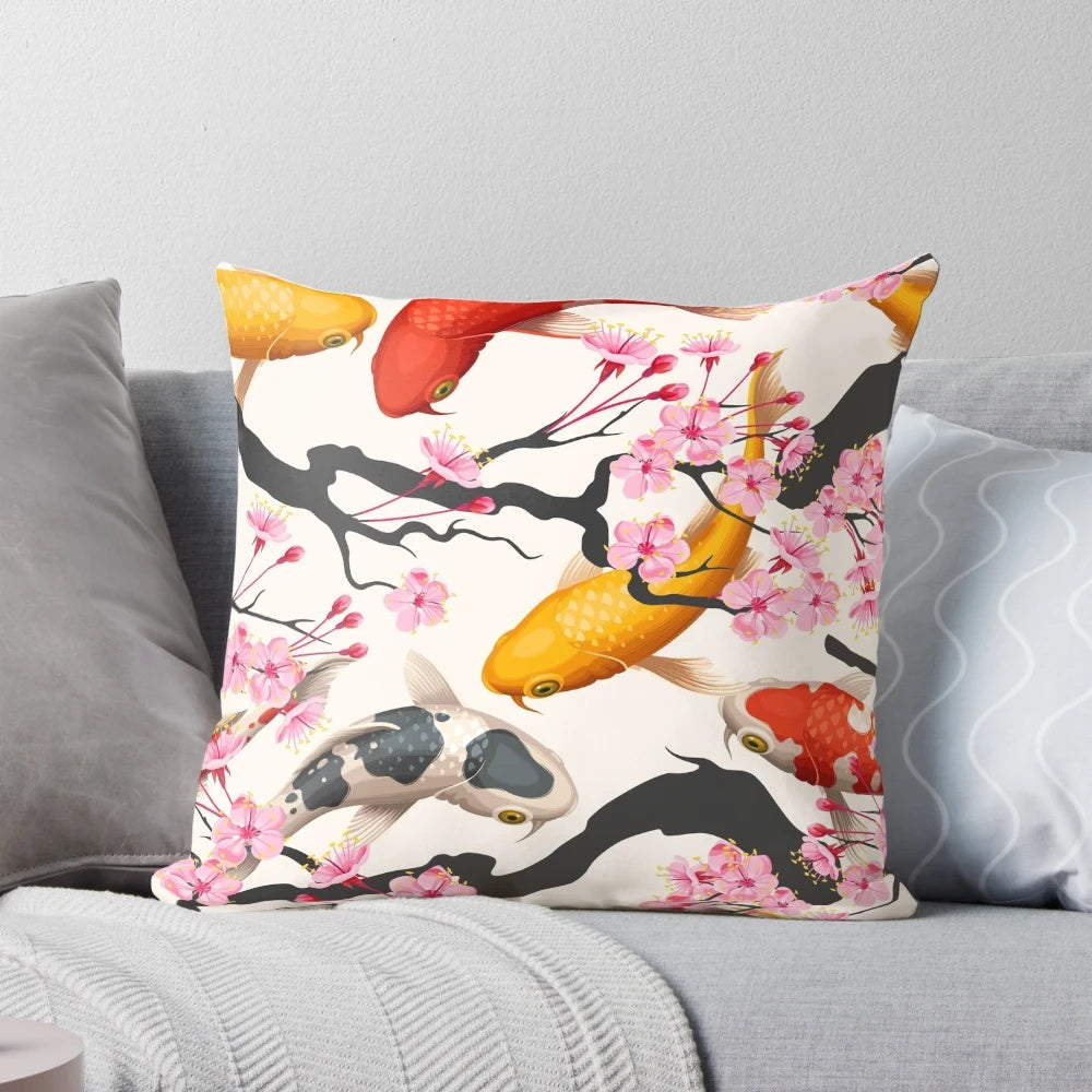 Beautiful koi carp and sakura flower design on a decorative throw pillow