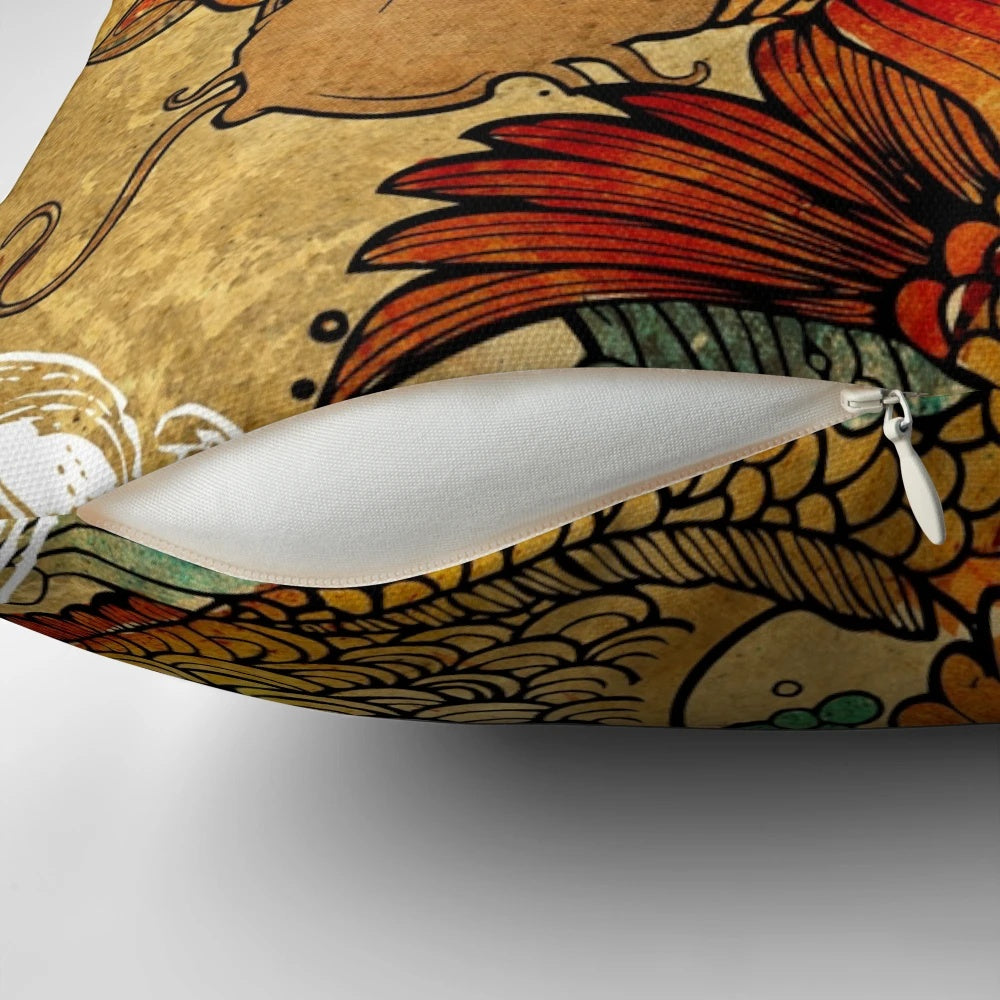 A decorative throw pillow featuring a detailed koi fish illustration in an earthy, vintage-inspired design.
