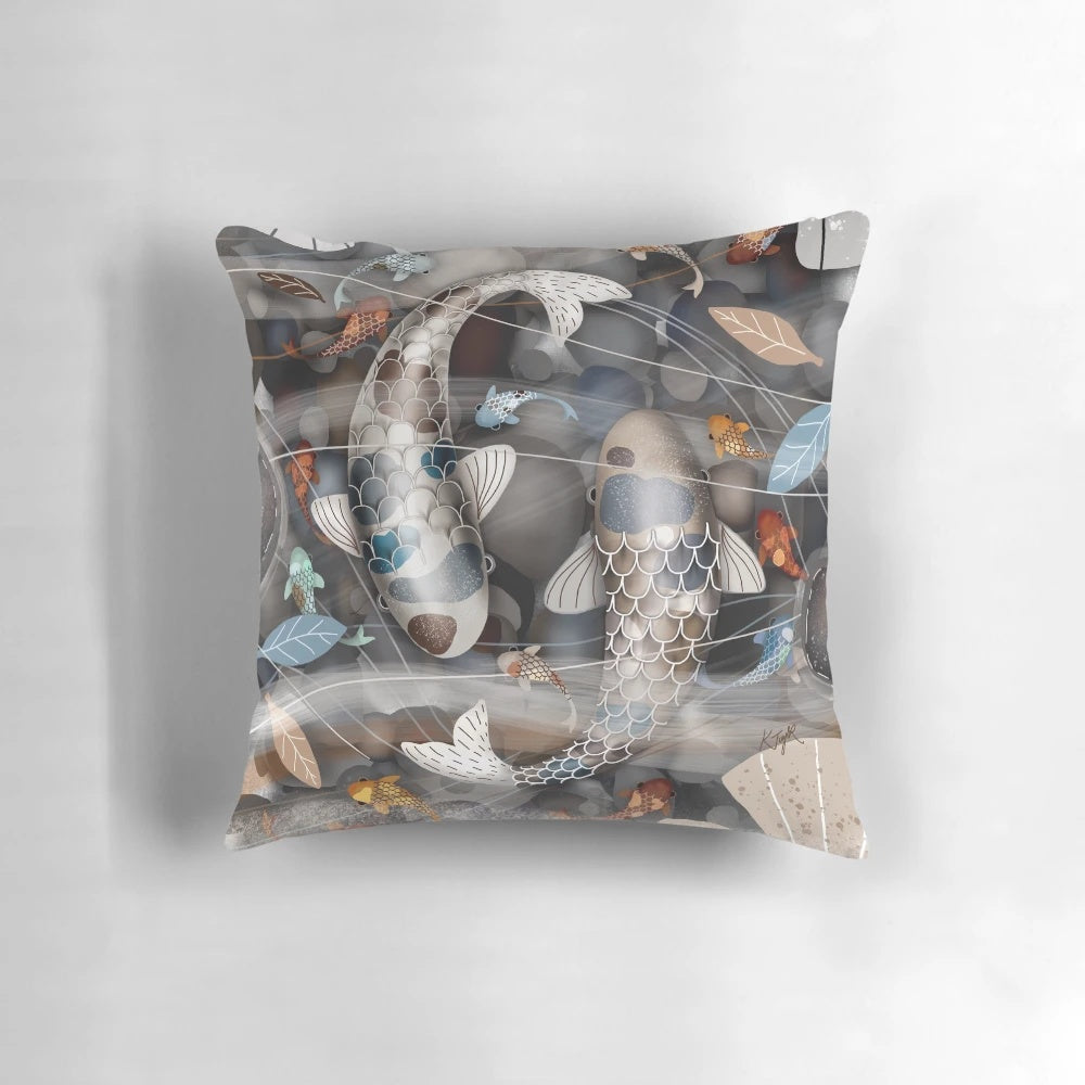 Decorative throw pillow featuring a beautiful koi fish pond design