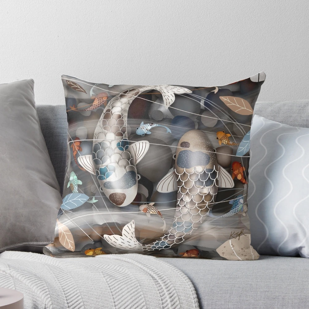 Decorative throw pillow featuring a beautiful koi fish pond design