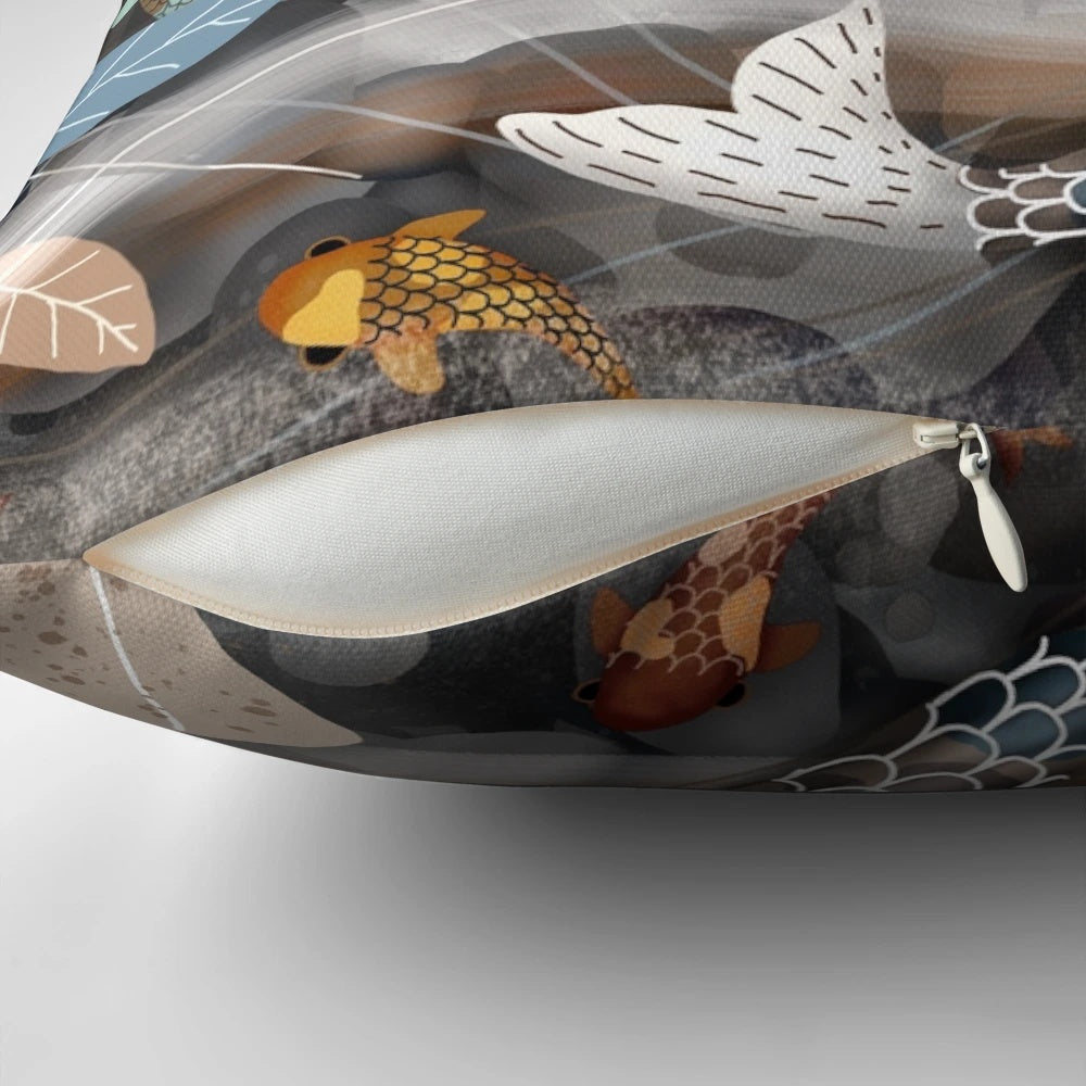 Decorative throw pillow featuring a beautiful koi fish pond design