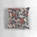 Decorative pillow featuring a vibrant Japanese-inspired koi fish pattern in shades of blue, white, and red.