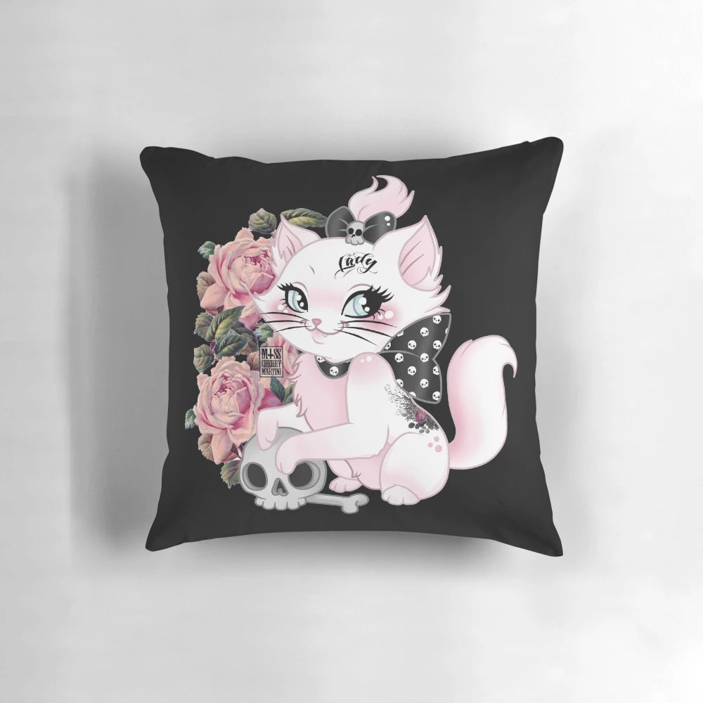 Stylish black and white pillow featuring a tattooed cat for a chic, gothic aesthetic.