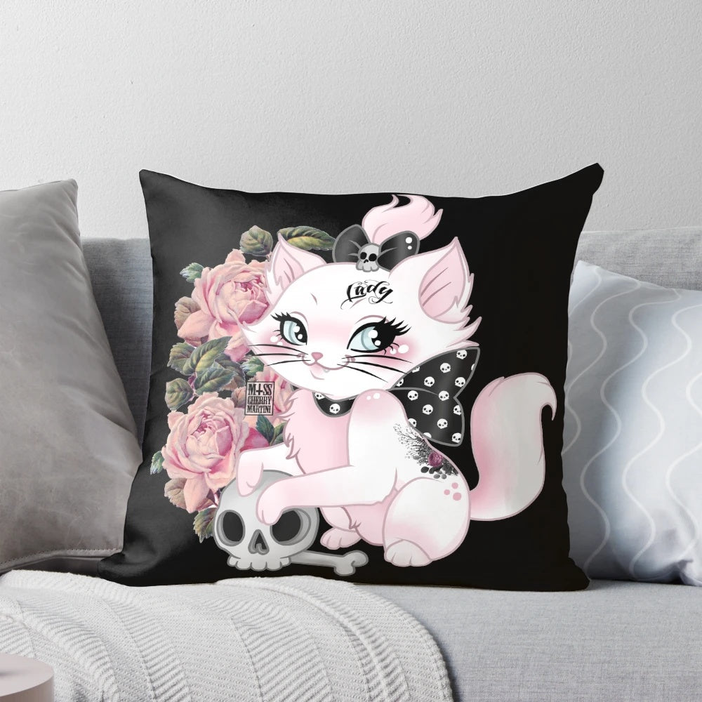 Stylish black and white pillow featuring a tattooed cat for a chic, gothic aesthetic.