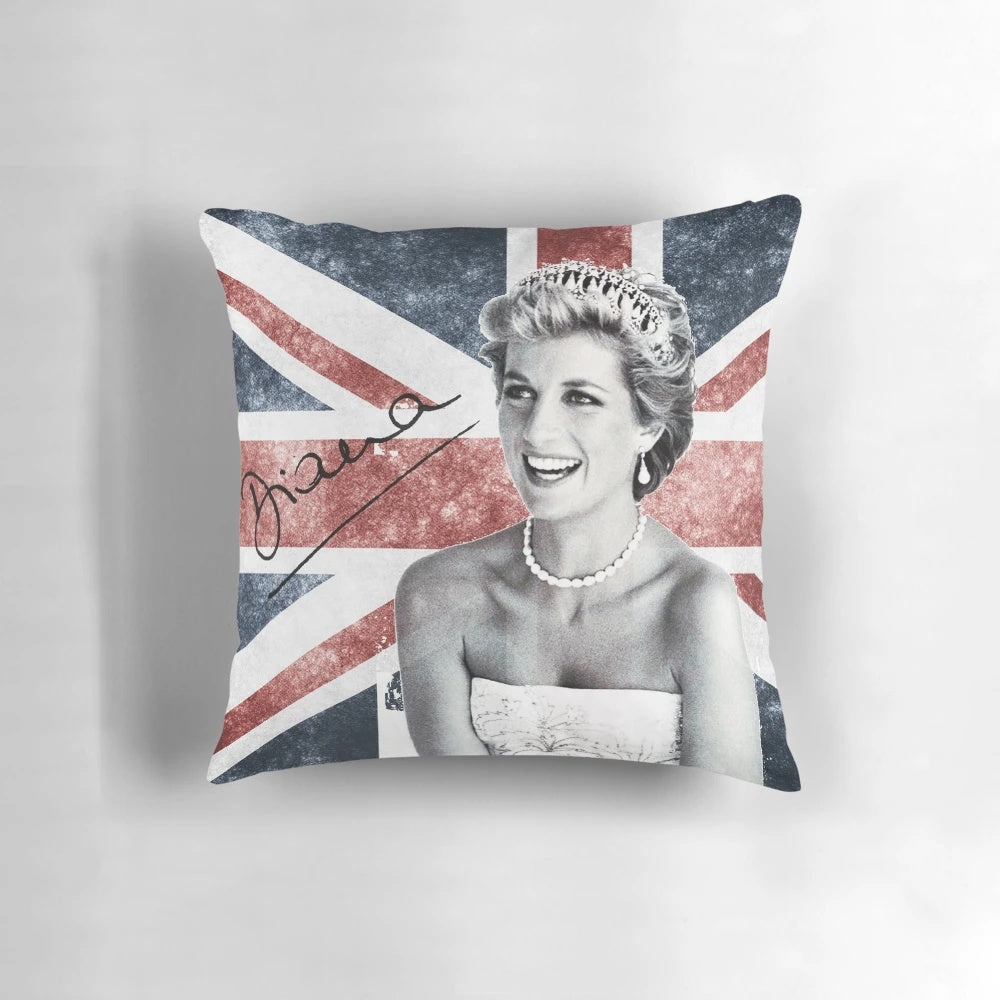 Soft, plush Lady Diana pillow featuring the iconic image of the "English Rose" princess