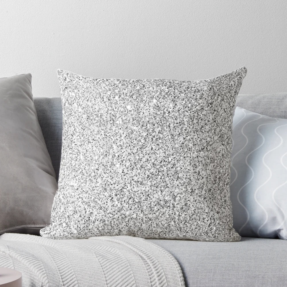 Elegant light gray, black and white decorative pillow with a glitter accent design