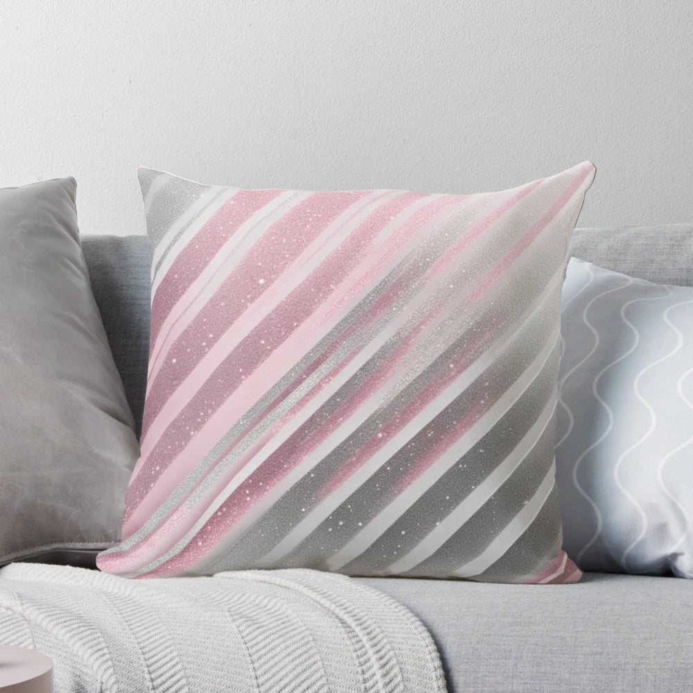 Soft, shimmering light pink and silver striped patterned decorative pillow