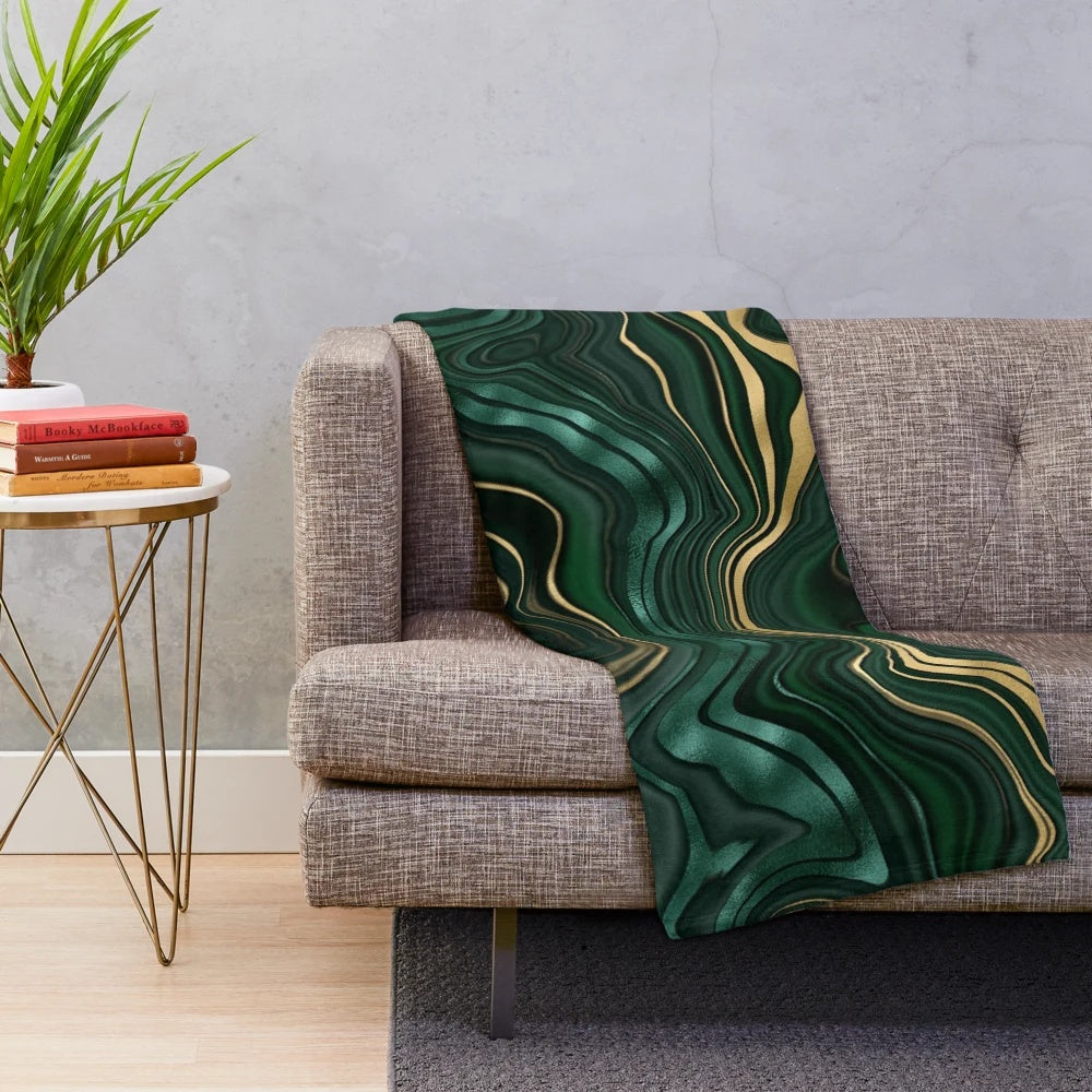 Emerald green and gold malachite pattern plush blanket