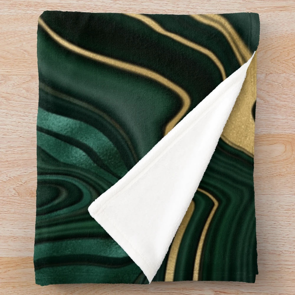 Emerald green and gold malachite pattern plush blanket