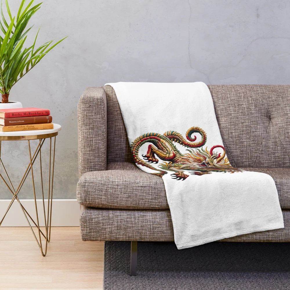 Manticore plush blanket with embroidered mythical creature design