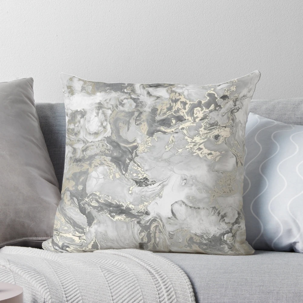 Marble gray silver gold decorative pillow with a soft, luxurious texture.