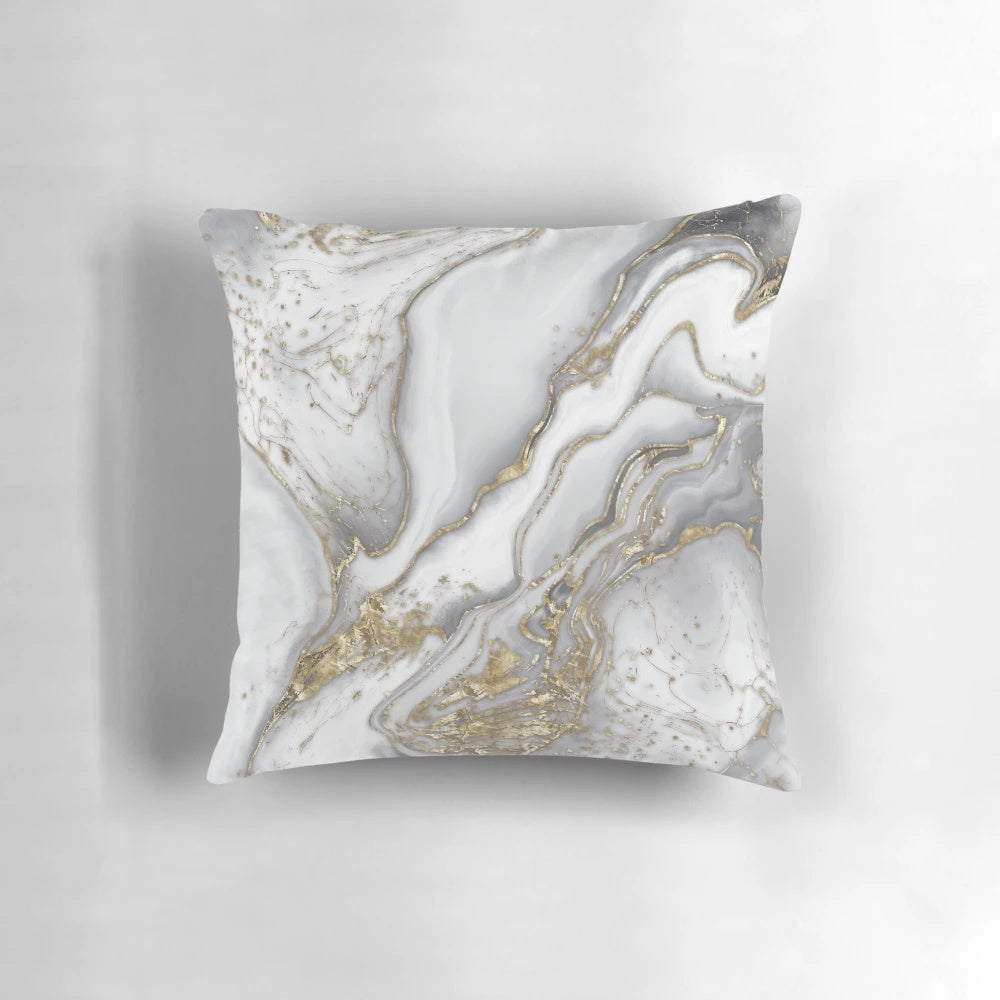 Sophisticated marble-patterned luxury throw pillow in gold, pearl, and ivory tones