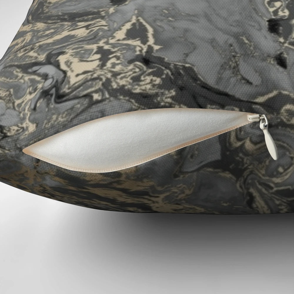 Marbled pattern throw pillow in gold, black, and grey colors
