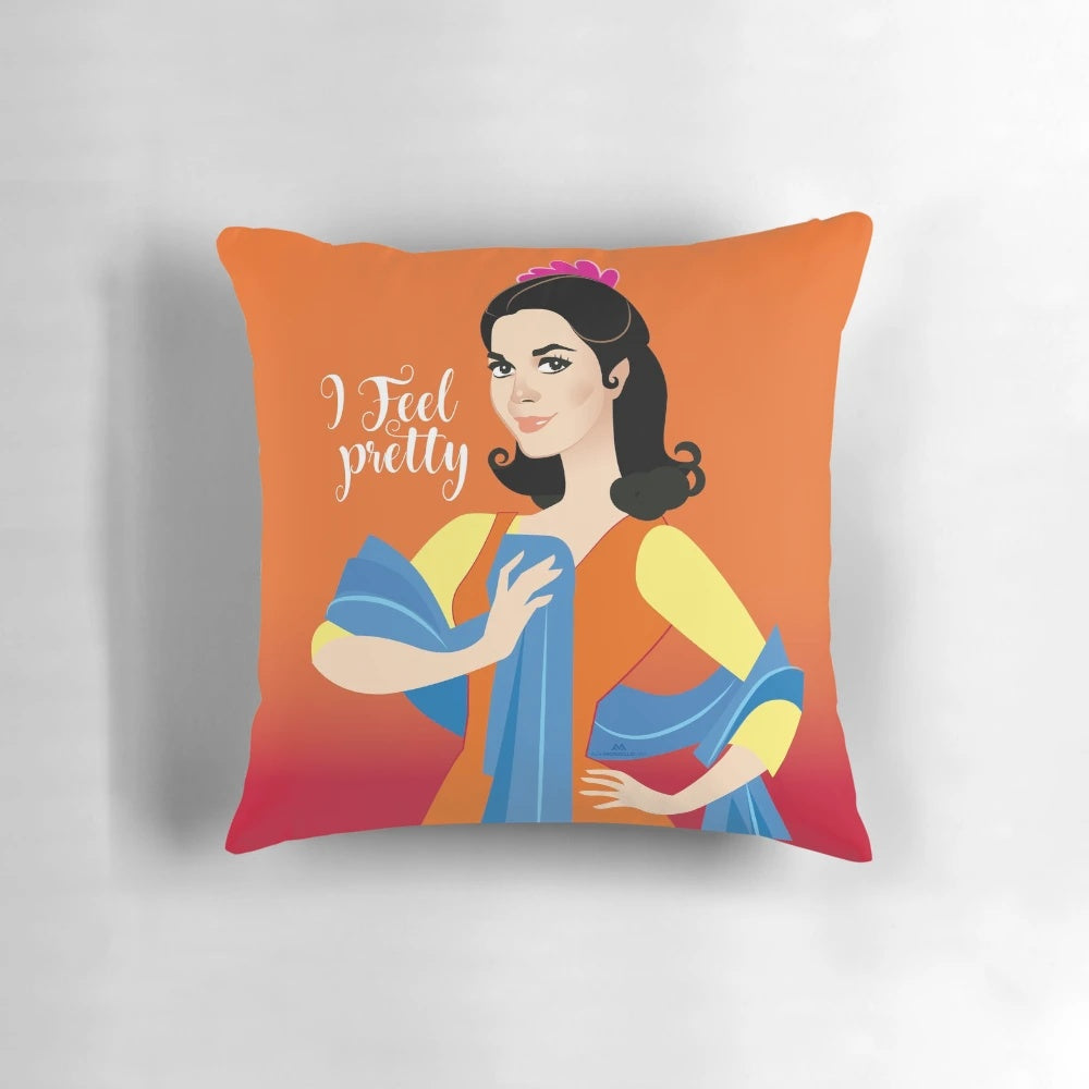 Decorative pillow featuring Maria from the iconic musical "West Side Story