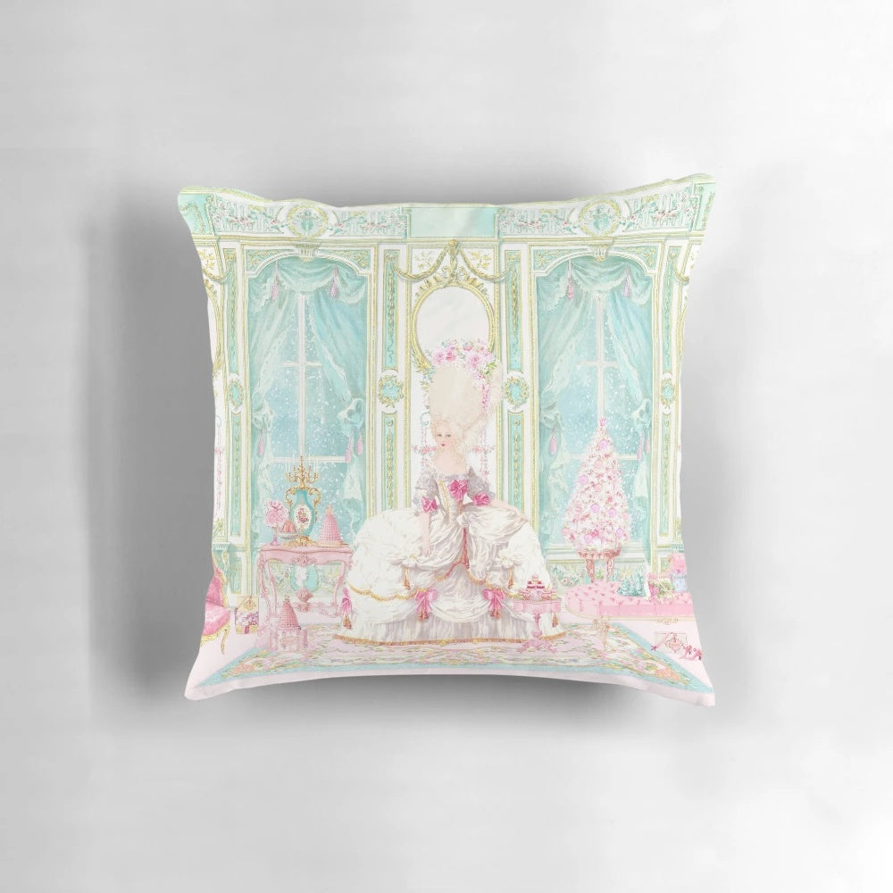 Luxurious Marie Antoinette-style Christmas pillow with pink, gold, and baroque patterns inspired by the Palace of Versailles.