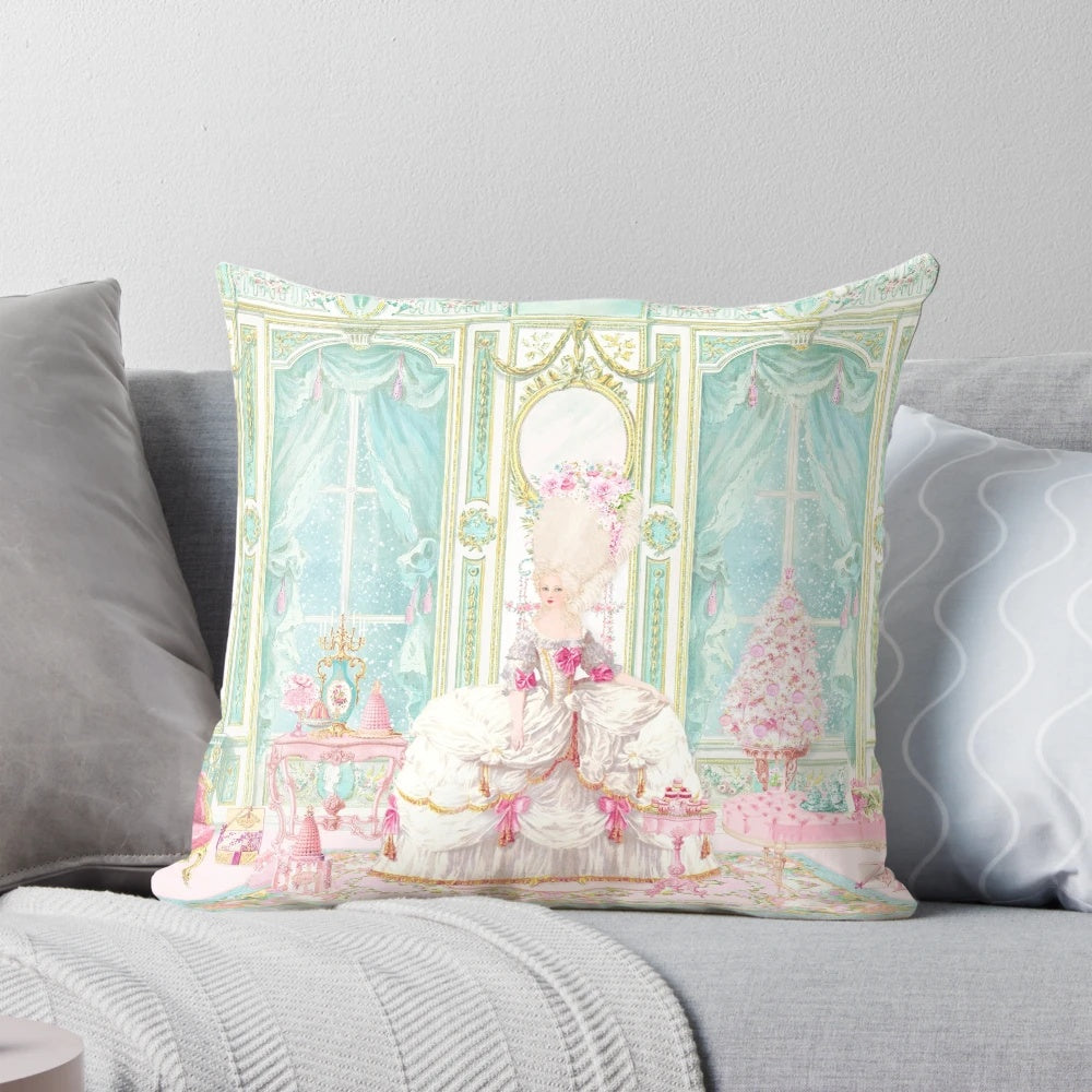 Luxurious Marie Antoinette-style Christmas pillow with pink, gold, and baroque patterns inspired by the Palace of Versailles.