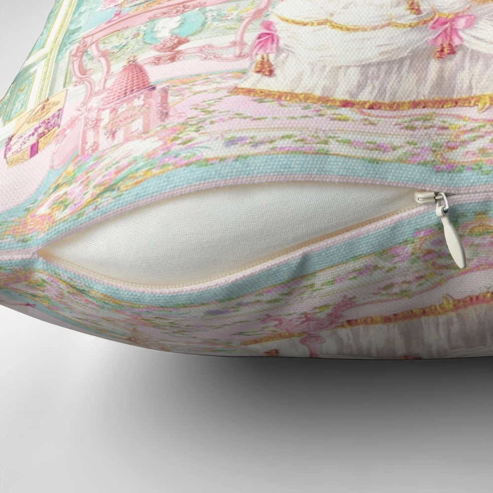Luxurious Marie Antoinette-style Christmas pillow with pink, gold, and baroque patterns inspired by the Palace of Versailles.