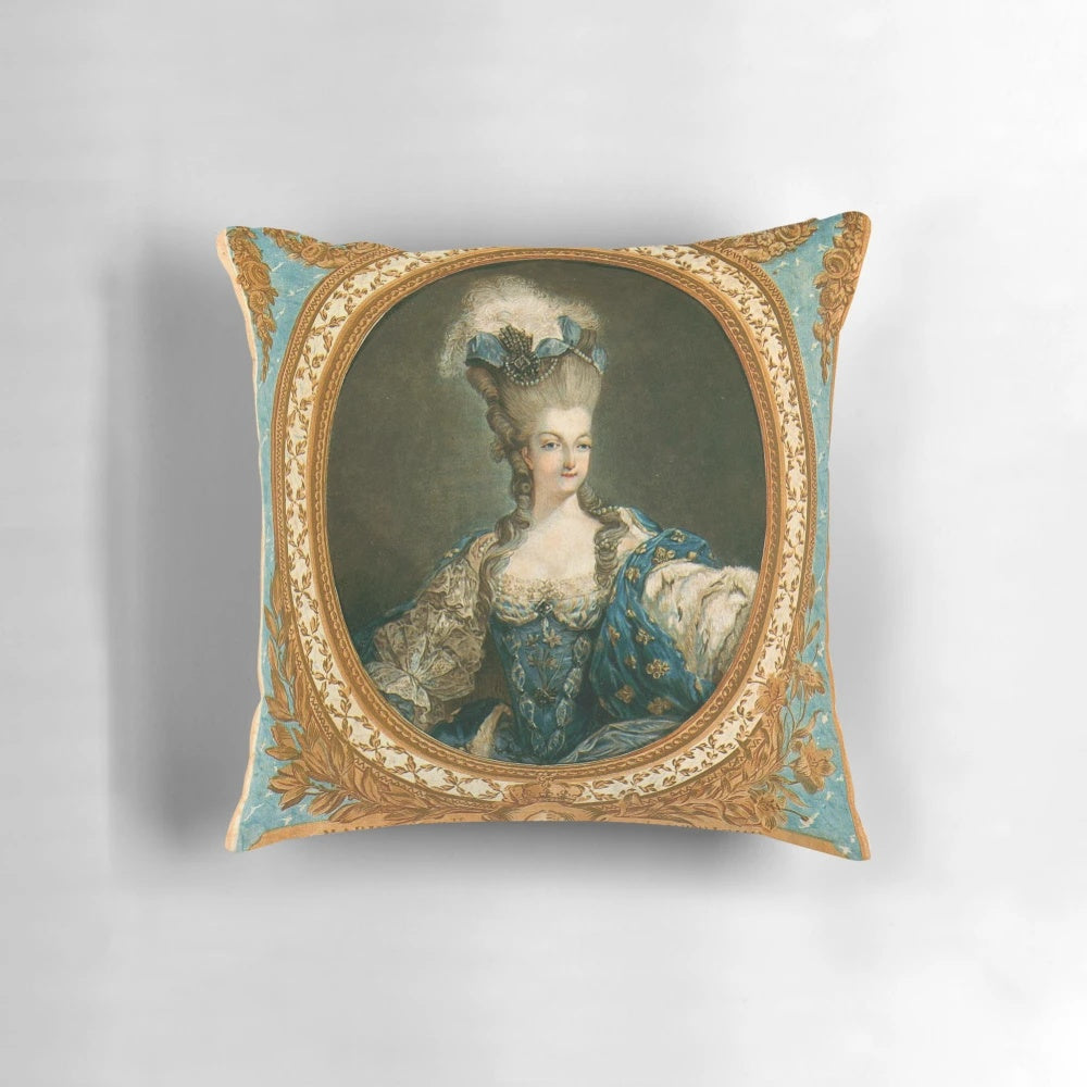 Decorative throw pillow featuring a portrait of Queen Marie Antoinette in a classic Rococo style.