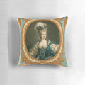 Decorative throw pillow featuring a portrait of Queen Marie Antoinette in a classic Rococo style.