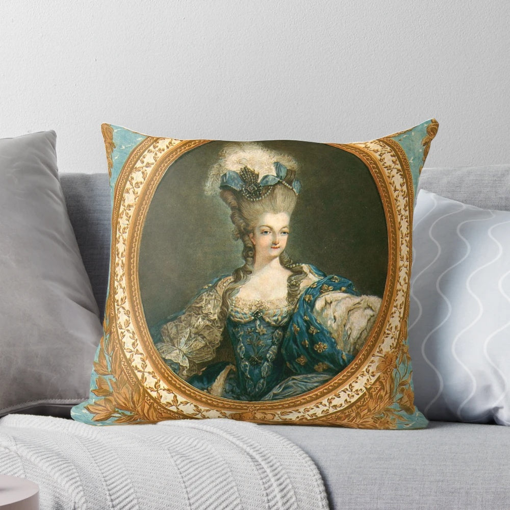 Decorative throw pillow featuring a portrait of Queen Marie Antoinette in a classic Rococo style.