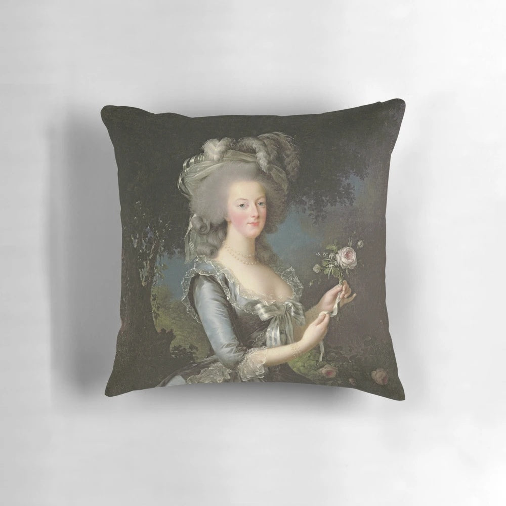 Elegant portrait of Queen Marie Antoinette holding a rose, painted by renowned 18th century female artist Elisabeth Vigee-Lebrun.