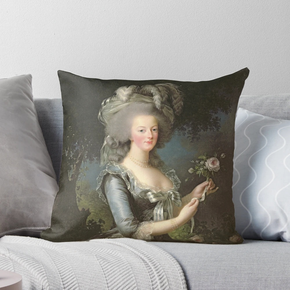 Elegant portrait of Queen Marie Antoinette holding a rose, painted by renowned 18th century female artist Elisabeth Vigee-Lebrun.