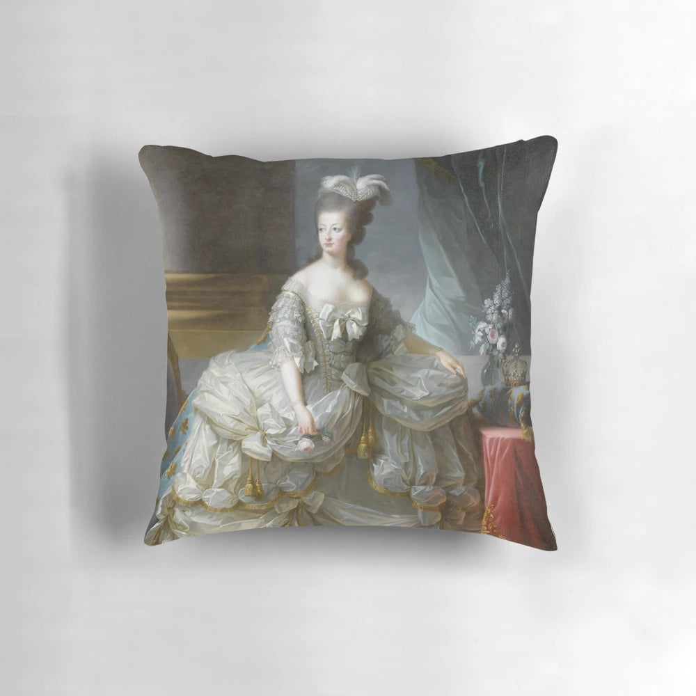 Captivating portrait of Queen Marie Antoinette of France on a decorative pillow