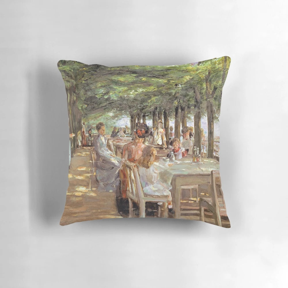 Pillow featuring Max Liebermann's 'Restaurant Terrace in Nienstedten' painting, a classic symbolist artwork