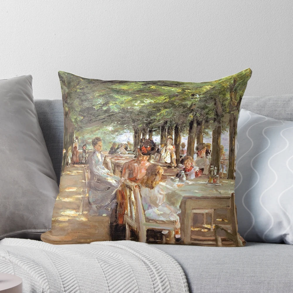Pillow featuring Max Liebermann's 'Restaurant Terrace in Nienstedten' painting, a classic symbolist artwork