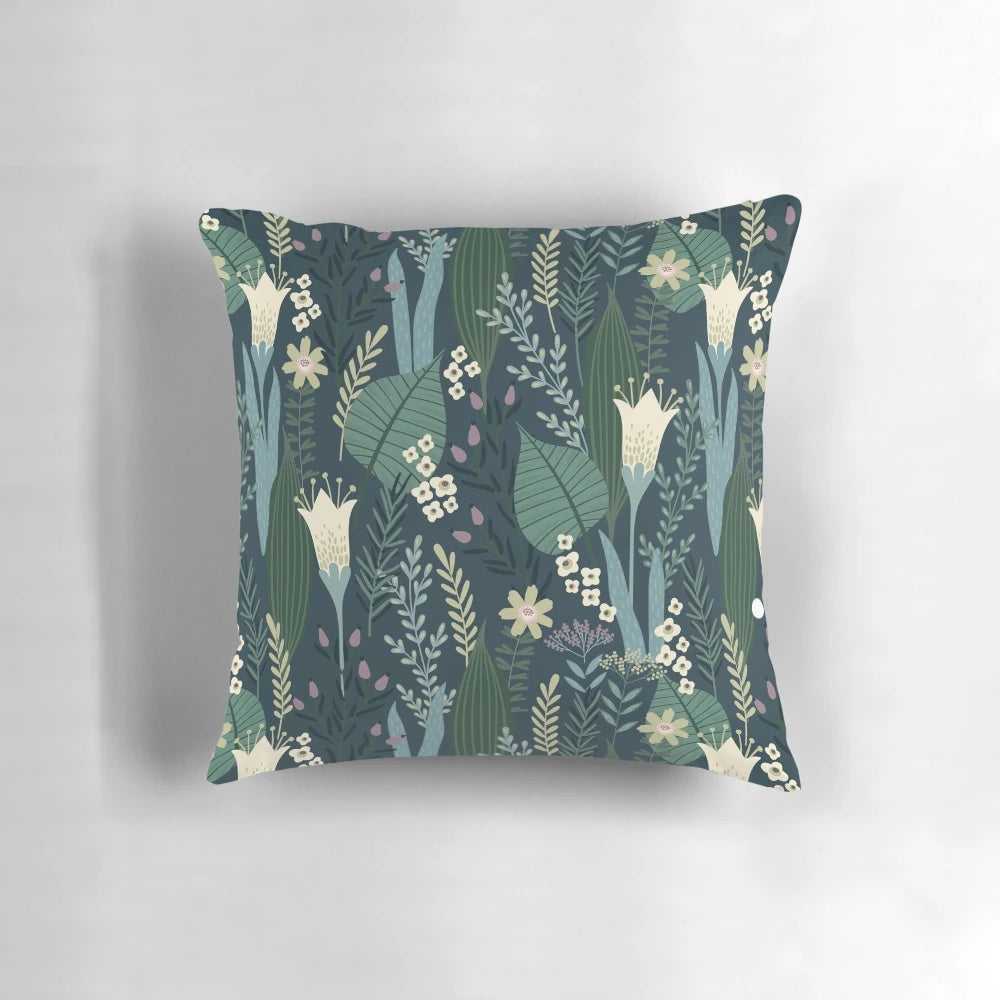 Vintage-inspired throw pillow with a beautiful evening lily and wildflower pattern, perfect for mid-century modern decor.