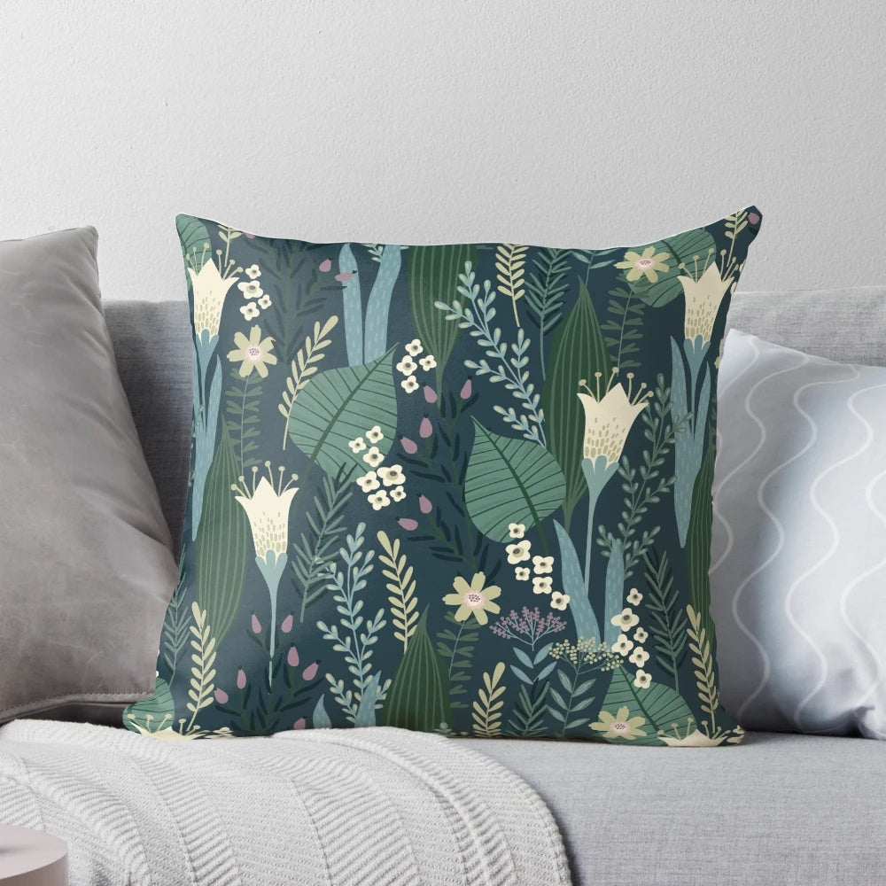 Vintage-inspired throw pillow with a beautiful evening lily and wildflower pattern, perfect for mid-century modern decor.