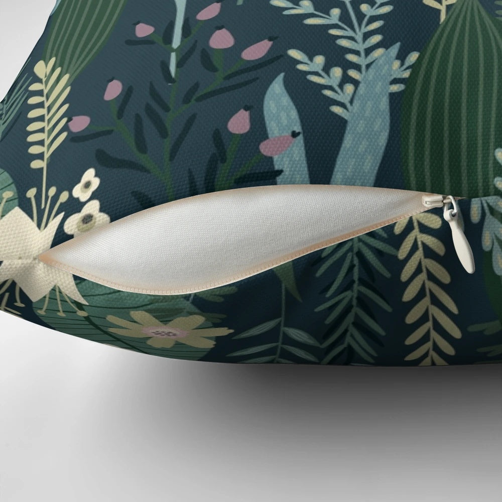 Vintage-inspired throw pillow with a beautiful evening lily and wildflower pattern, perfect for mid-century modern decor.