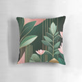 Mid century modern abstract botanical pillow in pink and dark green shades with geometric shapes and foliage print design