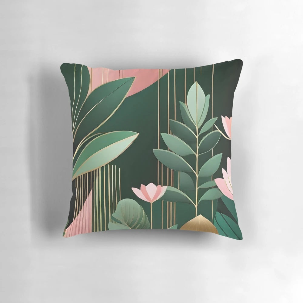 Mid century modern abstract botanical pillow in pink and dark green shades with geometric shapes and foliage print design