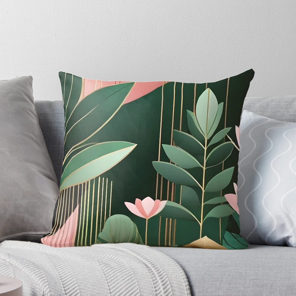 Mid century modern abstract botanical pillow in pink and dark green shades with geometric shapes and foliage print design