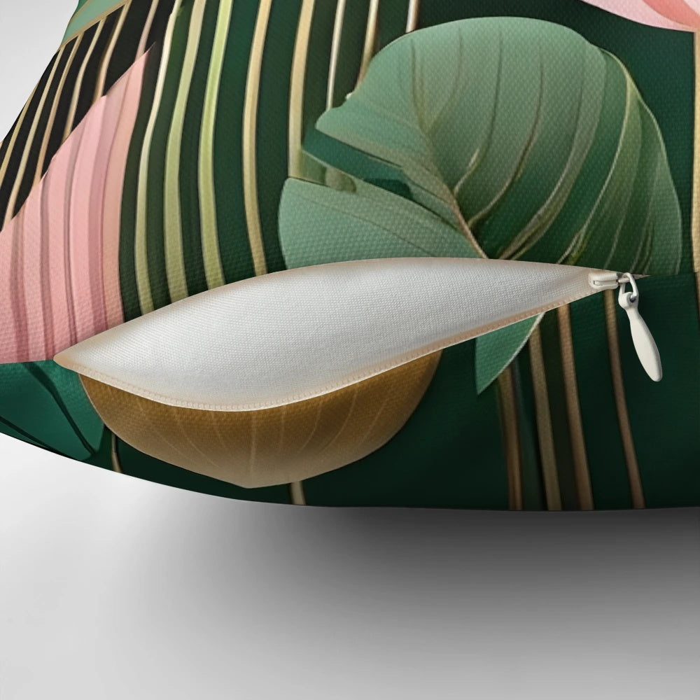Mid century modern abstract botanical pillow in pink and dark green shades with geometric shapes and foliage print design
