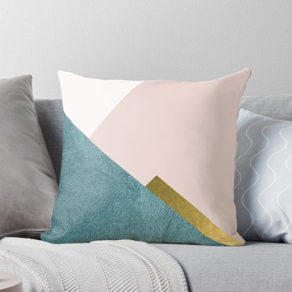 Minimalist style blush pink, teal green, and gold decorative throw pillows