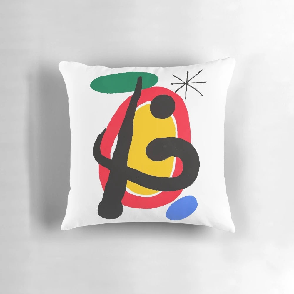 Pillow with abstract black and white geometric lines, inspired by the iconic art of Joan Miró.