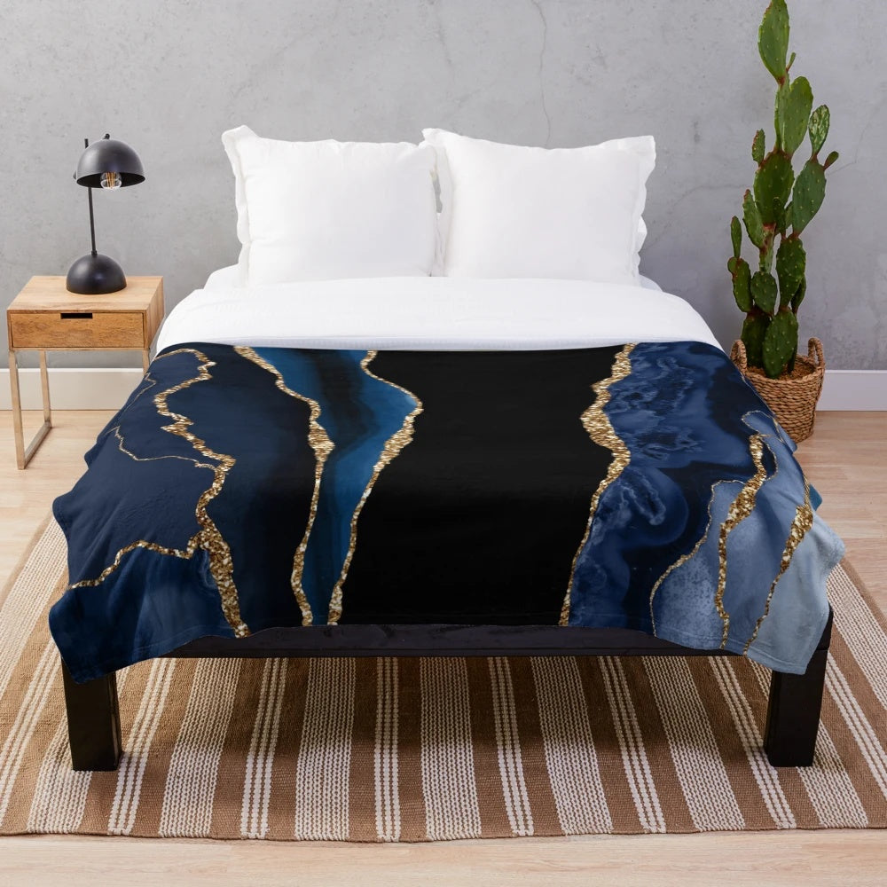 Abstract blue and gold modern geode agate design plush blanket