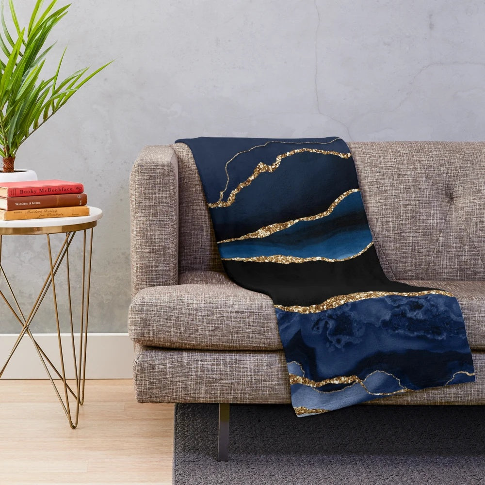 Abstract blue and gold modern geode agate design plush blanket
