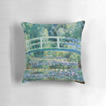A vibrant throw pillow featuring Claude Monet's famous water lilies and Japanese bridge painting.