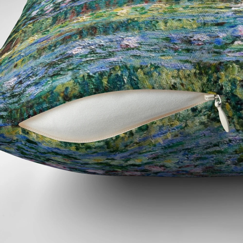 A vibrant throw pillow featuring Claude Monet's famous water lilies and Japanese bridge painting.