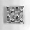 A black and white monochromatic pillow featuring a cute and kawaii silent cat or kitten pattern, perfect for pet owners and cat lovers.