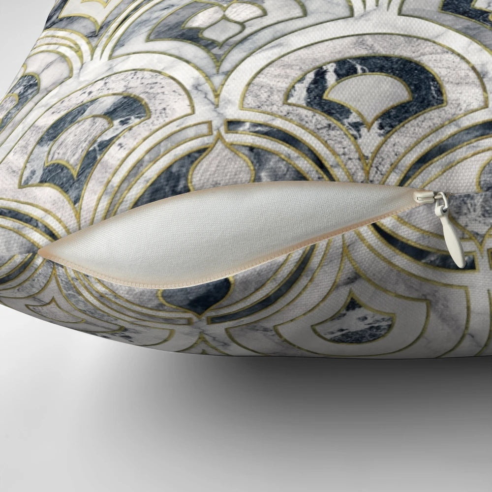 A stylish monochrome marble tile-inspired pillow with an art deco pattern.