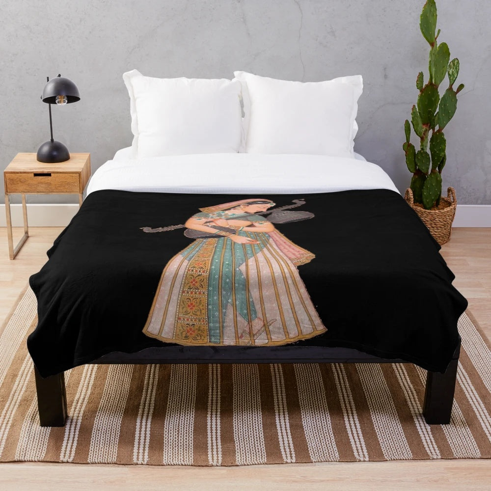 Mughal art inspired plush blanket with a woman dancer in eastern attire