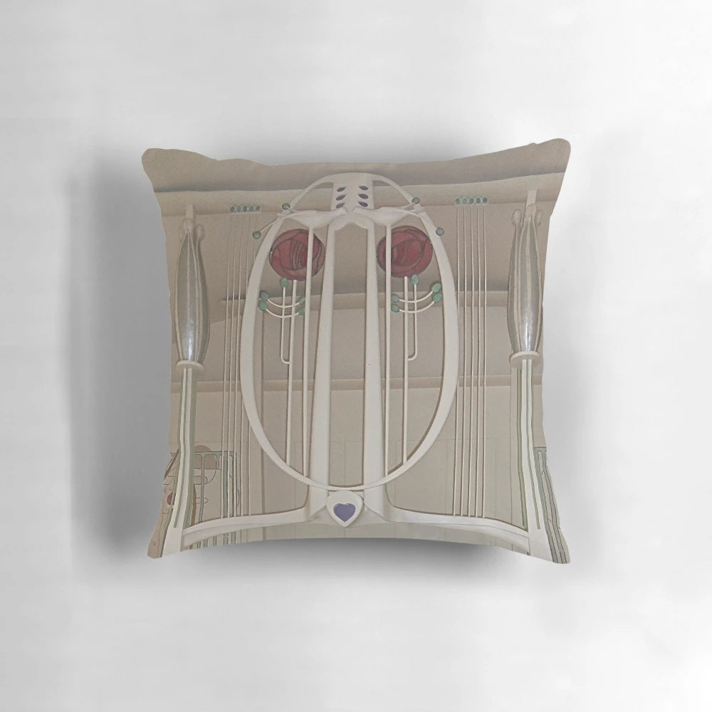 Decorative throw pillow featuring a piano motif inspired by the iconic "House for an Art Lover" design