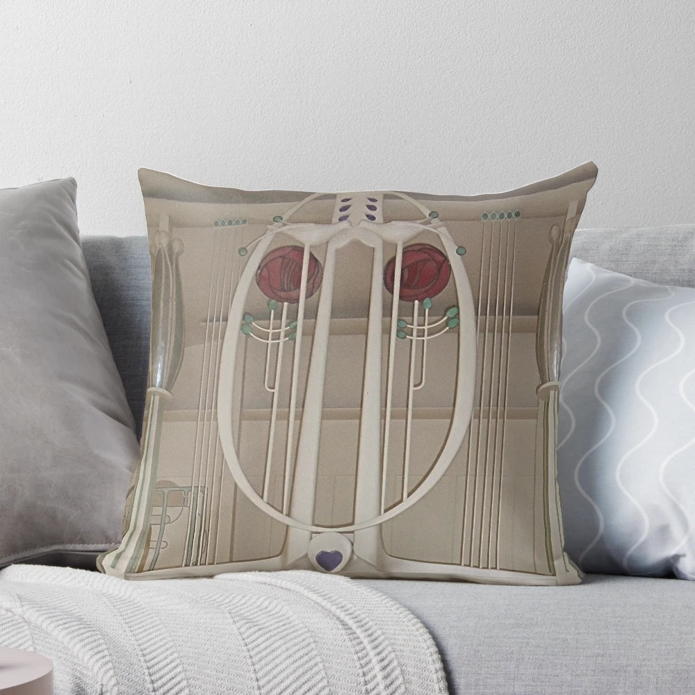 Decorative throw pillow featuring a piano motif inspired by the iconic "House for an Art Lover" design