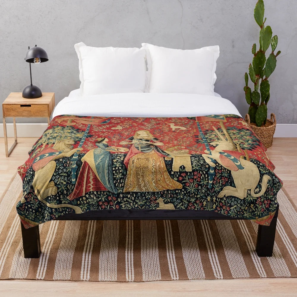 Plush blanket featuring a mystical unicorn design inspired by the medieval tapestry "The Lady and the Unicorn