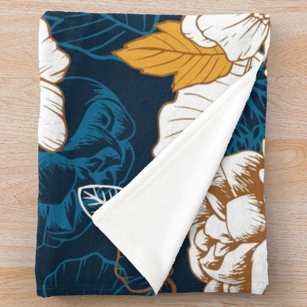 Navy and gold floral plush blanket with seamless peony and blossom pattern
